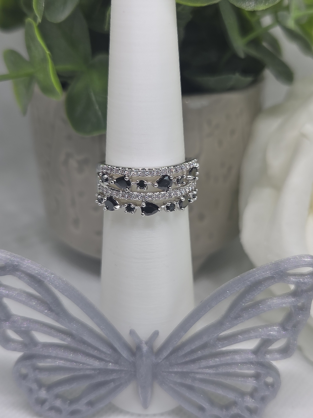 BP Black Onyx CZ Stone Layered Band On Rhodium Plating